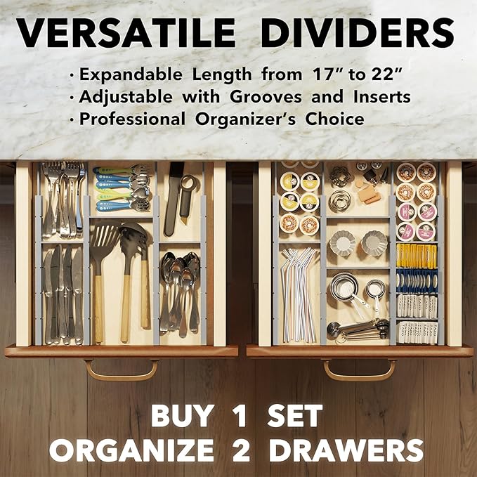 SpaceAid Bamboo Drawer Dividers with Inserts and Labels, Kitchen Adjustable Drawer Organizers, Expandable Organization for Home, Office, Dressers, 10 Dividers with 24 Inserts (17"-22" Gray) - Image 5