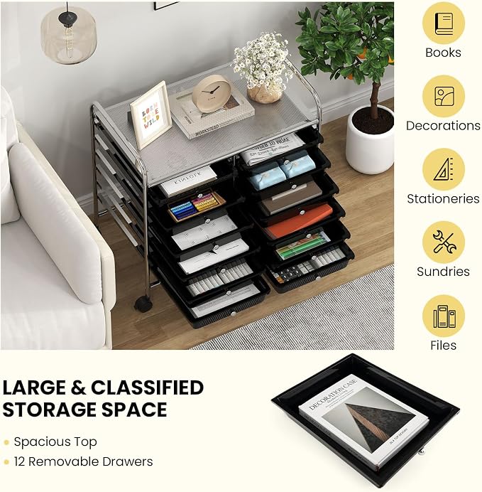 Giantex 12 Drawers Rolling Cart, Mobile Storage Drawer Cart, Classroom Organizer Cart for Office School Supplies Tools Scrapbook Paper Craft Small Printer, Utility Cart on Wheels, Black - Image 7