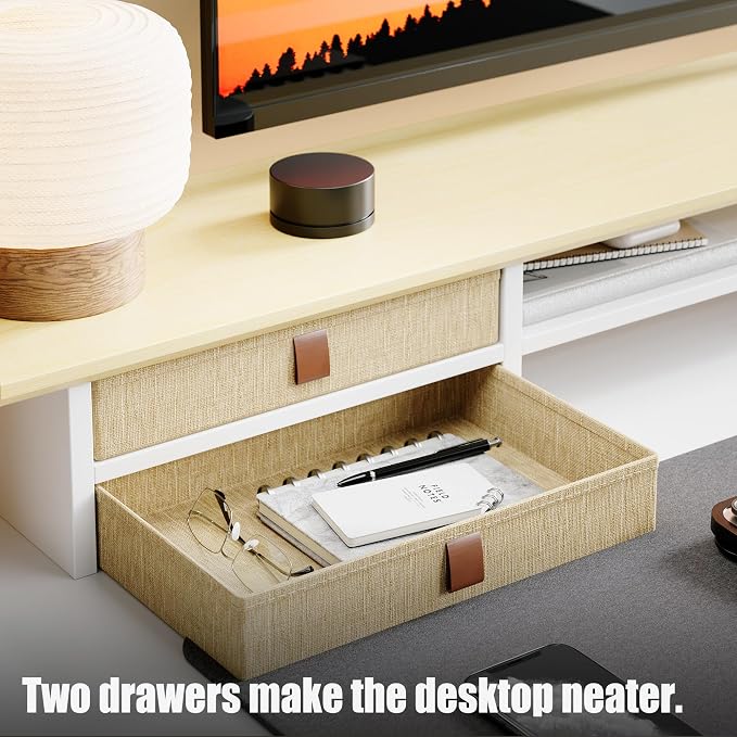FENSULN Dual‑Tier Monitor Stand Riser with Drawers, Desktop Organizer Shelf Storage for Computer Screen 2 Monitors, Supports for PC Computer Monitor, Printer, Heavy TV Riser Beige and White - Image 4