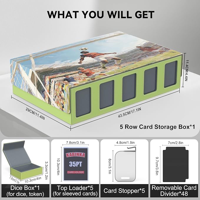 Kabinka Soccer Card Storage Box with Window Display, 5-Row Sport Card Storage Box, 3900+ Card Deck Box for Soccer Sports Card TCG, 5 Top Loaders, 5 Stoppers, 48 Dividers, 1 Dice Tray (Soccer 3) - Image 6