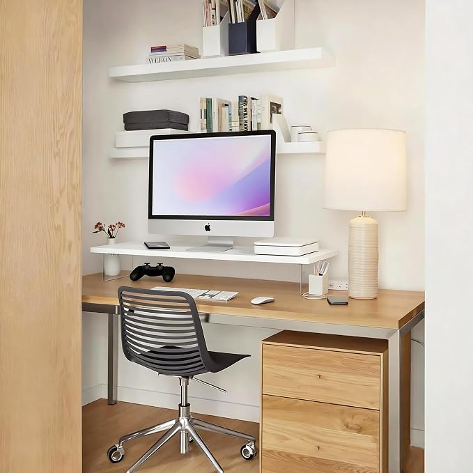 Wood Monitor Stand Riser with Acrylic Legs, Computer Screen Stand Desk Organizer, 31.5 x 7.9 x 3.1 inch, Hold up to 66 lbs (White, 31.5"×7.9"×3.1") - Image 2