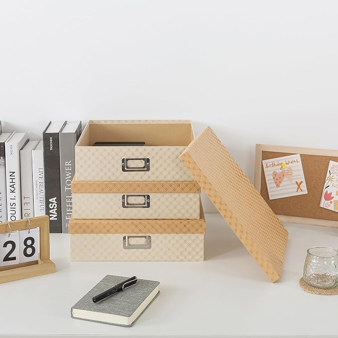 Soul & Lane - Geometric Check Scrapbook Storage Boxes with Lids, Set of 3 | Large Decorative Cardboard Letter Box Set for Documents, Photos and Keepsakes, Nesting Memory Organizers for Organizing - Image 7