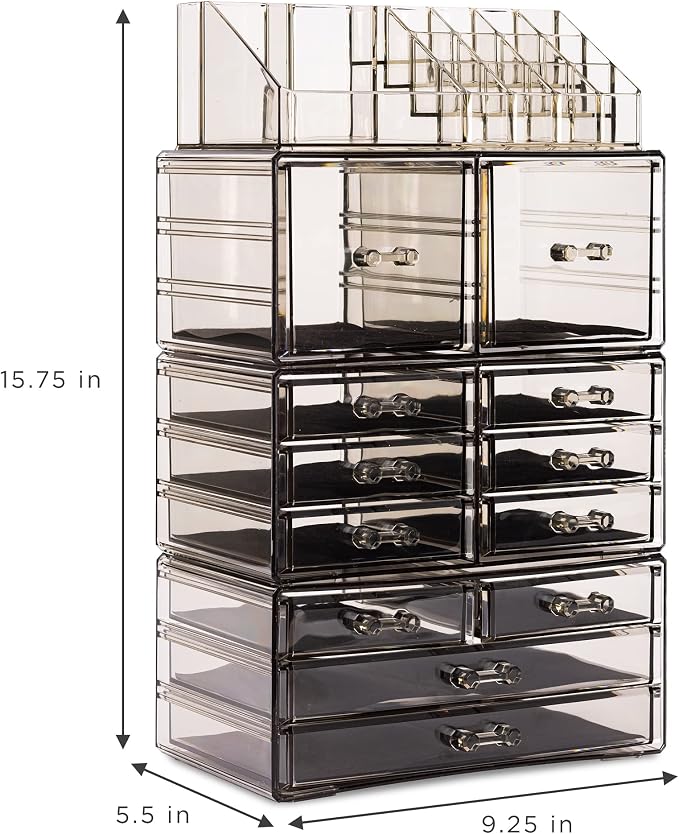 Sorbus Large Makeup Organizer - Clear Stackable Jewelry & Makeup Organizer For Vanity, Bathroom Storage, Dresser - 12 Drawers Cosmetic Beauty Organizers and Storage with Lipstick, Makeup Brush Holder - Image 3