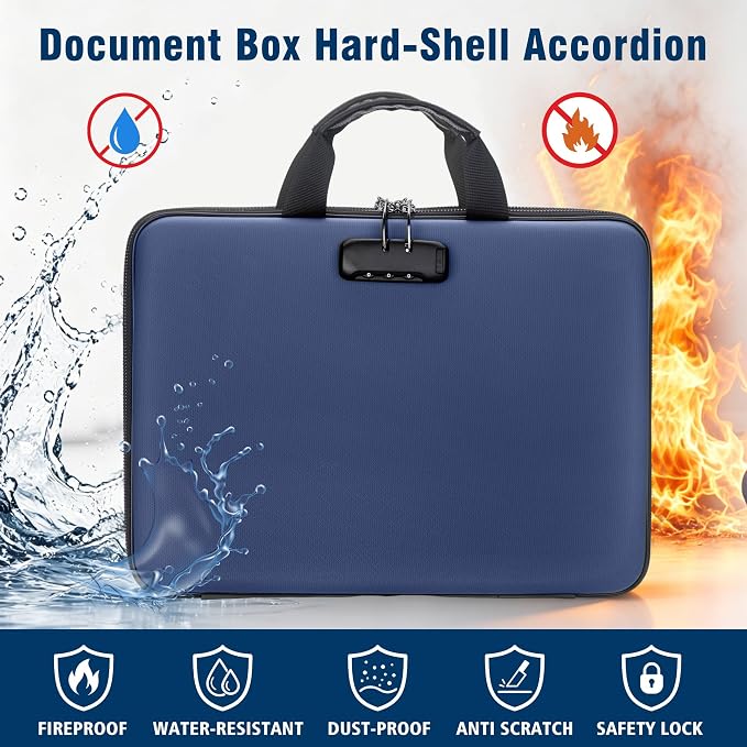 Fireproof Document Box with Lock, Hard-Shell Case Fireproof File Organizer with 13 Pocket Accordion File Folder, Portable Home Office Travel Safe Storage for Important Documents Laptop - Image 2