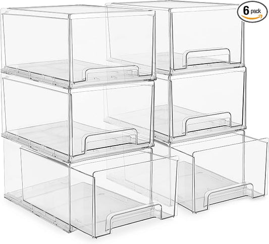 Sorbus Large Clear Stackable Storage Drawers – 6-Pack Plastic Organizer Bins with Handles – Stackable Pull-Out Storage Drawers for Closet, Pantry, Office, Bathroom, Craft, and Toy Organization by Sorbus
