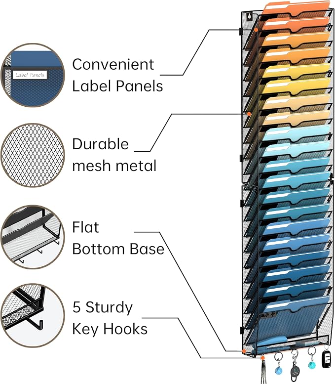 21-Tier Hanging Wall File Organizer with Hooks for Office Organization | Mesh Wall File Holder, Mail Organizer Wall Mounted for Papers, Documents, Folders and Magazines in Home Office, Classroom - Image 5