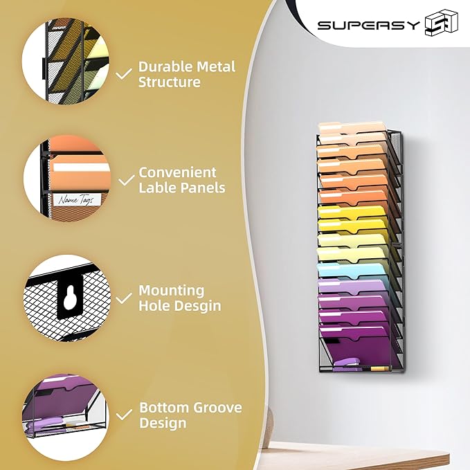 16-Tier Hanging Wall File Holder Organizer for Papers, Folders, Files Clipboard & Magazine Organization Great for Office Home, Assembly Needed, Black | Paper, Folder, Magazine Rack Great for Office Home School, Assembly Needed, Black - Image 4