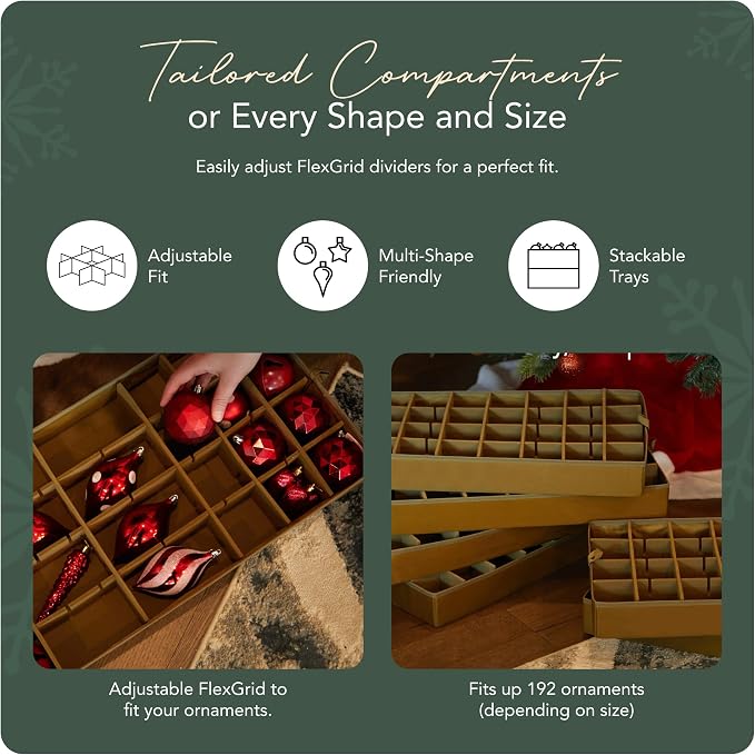 Covermates Keepsakes Adjustable Ornament Storage Bag – Heavy-Duty Polyester, Padded Dividers & FlexGrid Trays – Protective Holiday Ornament Organizer with Handles & Label Window, Green Snowflake - Image 5