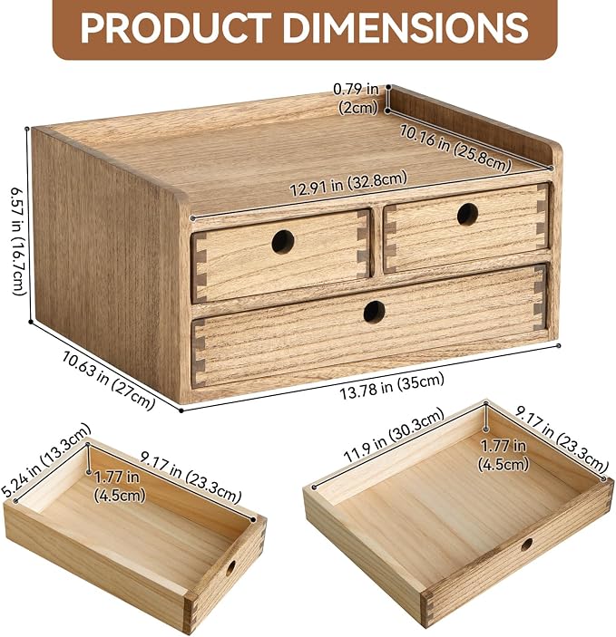 KIRIGEN Wooden Desk Organizer with 3 Drawers and Top Shelf Brown DT2D3C-DBR | 3-Drawer Cabinet with Top Shelf Stores Papers, Office Supplies, Cosmetics, Crafts, and Small Accessories on Desks or Counters - Image 2
