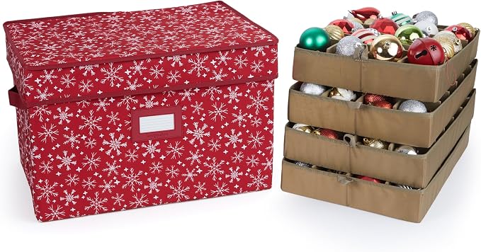 Covermates Keepsakes Adjustable Ornament Storage Box – Heavy-Duty Polyester, Padded Dividers & FlexGrid Trays – Protective Holiday Organizer with Stackable Walls & Label Window, Red Snowflake by Covermates