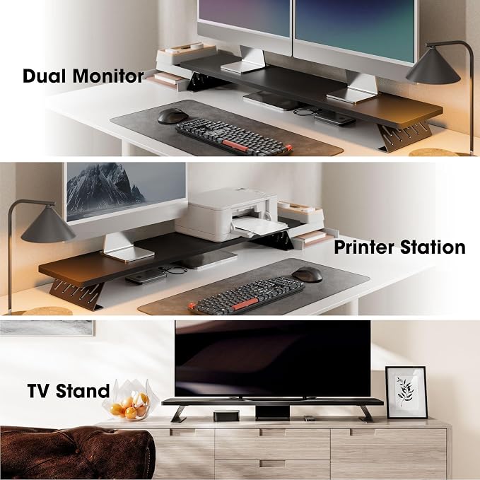 Fenge Monitor Stand Riser, Wooden & Metal Desk Shelf Organizer, Black | 42.5 Inch Dual Monitor Riser for 2 Monitors, Multifunctional Monitor Shelf for Laptop, PC, Printer - Image 7