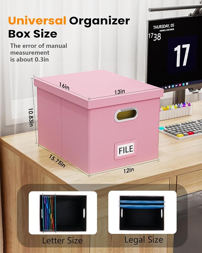 File Organizer Box,Filing Box with Lid,File Box for Letter/Legal File Folder Storage, Portable Hanging File Box for Office/Decor/Home,1 Pack, Pink(Leather),Box only - Image 3