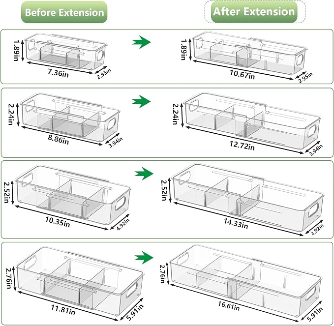 BLULEE 4-in-1 Expandable Drawer Organizer Set, Adjustable Clear Bins | with Dividers for Kitchen, Bathroom, Vanity & Office, Scalable Trays for Cosmetics, Utensils & Desk Accessories (4 Pcs) - Image 5