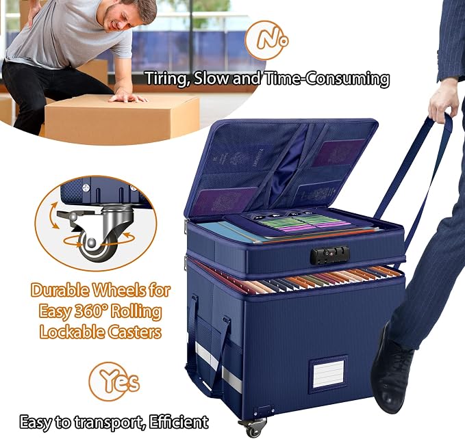 DocSafe File Box with Lock, 2-Layer Fireproof Document Box with Wheels,Collapsible File Storage Organizer with Pockets,Large Portable Office Filing Cabinet Hanging Folders,Blue,16''x13.8''x12.2'' - Image 7
