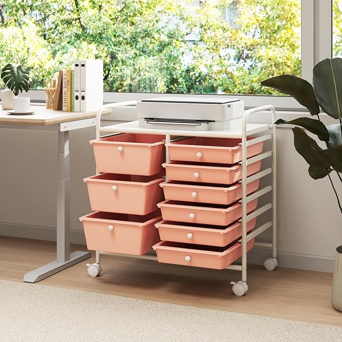 Moccha 9-Drawer Rolling Storage Cart - Under Desk Storage Drawers with wheels for Craft Art Supply Paper Salon, Scrapbook Paper Tools, Mobile Utility Cart for Classroom, Peach - Image 8