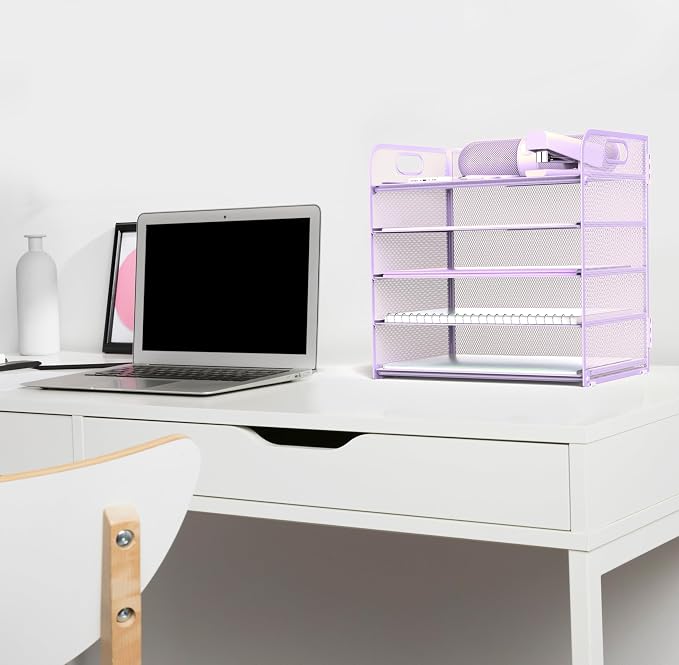 Letter Tray Paper Organizer 5-Tier Desk Organizer File Organizer Paper Holder with Handle, Metal Desktop Document Shelf Tray Office Classroom Organization - Purple - Image 4