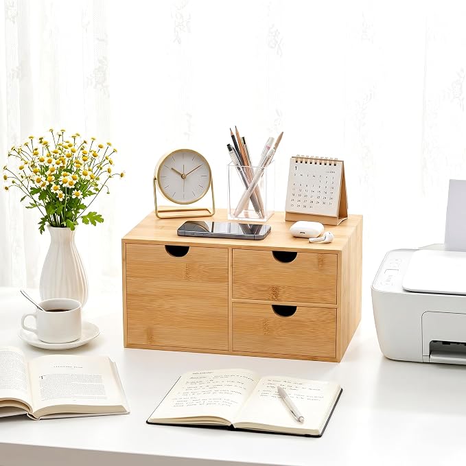 Bamboo Desk Organizer with Drawers, Desktop Storage Box for Office Supplies | 3 Drawers Desktop organizer, No Assembly Required, Natural Wood Wooden Desktop Drawers for Bills, Cosmetics, Seals, Paper - Image 2