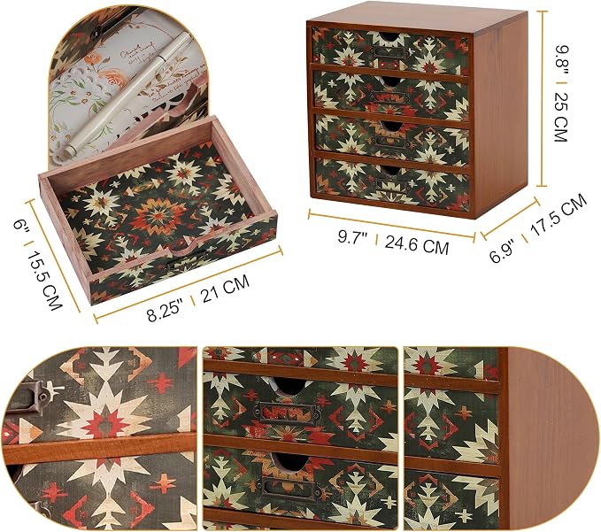 Boho Green Wooden Desk Organizer with Drawers – 4-Drawer Desktop Storage Box – Rustic Tribal Wood Desk Organizer for Office, Vanity, or Craft Supplies – Compact & Stylish Wooden Storage Drawers - Image 2