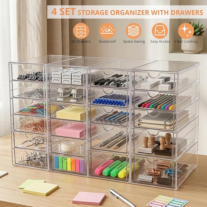 DOMNIU Acrylic Makeup Drawer Storage Organizer with 22 Drawers, 4 Set | Office Desk Organization and Storage, Dustproof Drawer Organizer for Makeup, Countertop, Jewelry, Desktop, Bathroom, Bedroom - Image 7