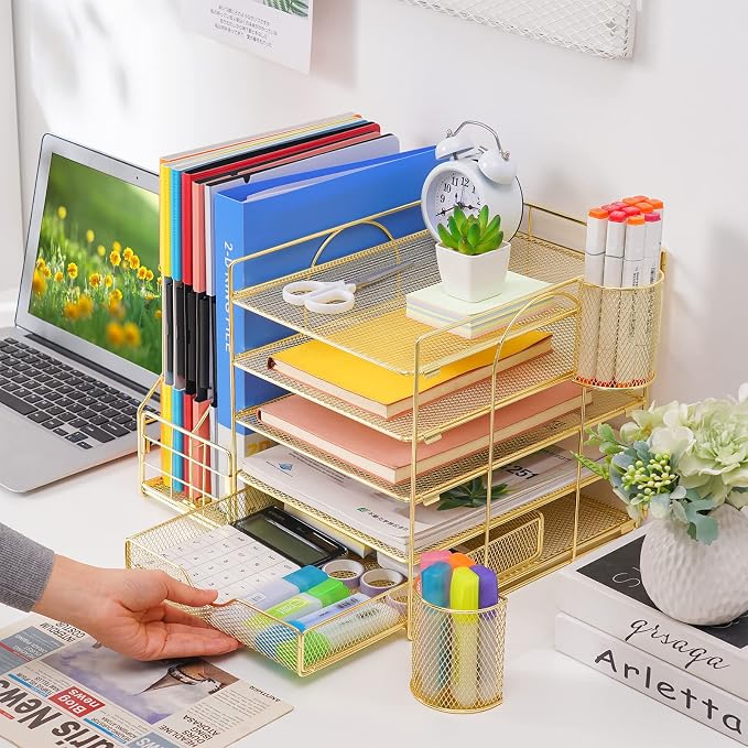 Marbrasse Rose Gold Desk Organizer with File Holder, 5-Tier Paper Letter Tray Organizer with Drawer and 2 Pen Holder, Mesh Desktop Organizer and Storage with Magazine Holder for Office Supplies - Image 5