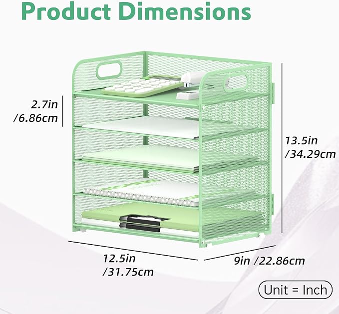 5 Trays Paper Organizer Letter Tray with Handle-Mesh Desk File Holders, Paper Sorter Desk Organizer for Office, Home, Classroom or School(Mint Green) - Image 2