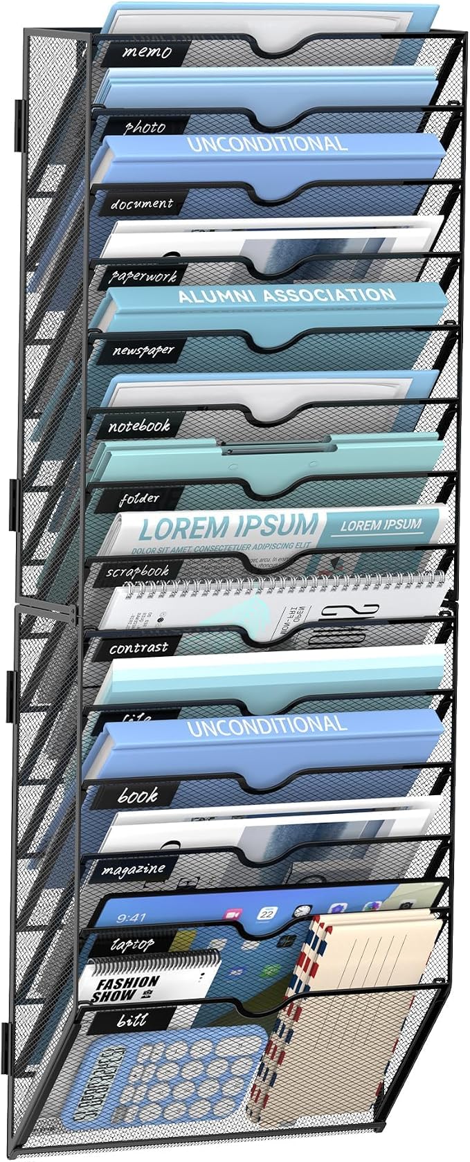 14-Tier Wall File Organizer and Hanging File Organizer, Black | Wall Organizer and Wall Mounted File Holder with 14 Pockets and Label Panels for Files, Mail, Folders, Magazines and Paper by JMHUD