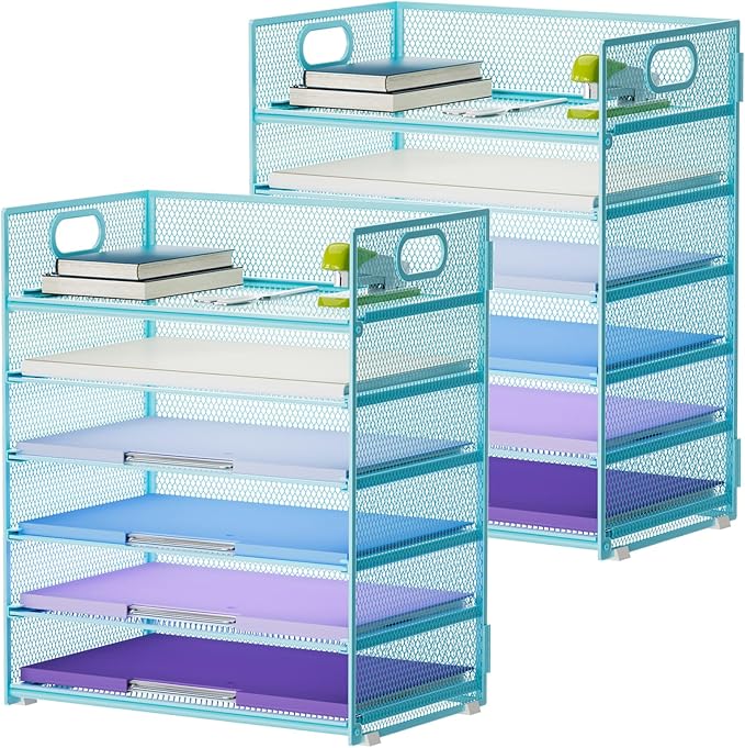 Marbrasse 2 Pack Desk Organizer with Handle, 6 Tier Paper Letter Tray, Mesh Desk File Organizer for Office, School and Home - Blue by Marbrasse