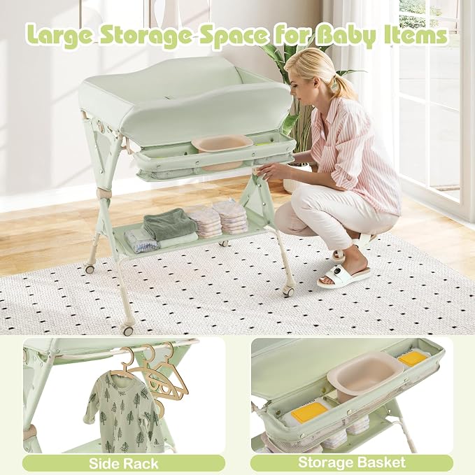 INFANS Baby Changing Table with Wheels, Portable Folding Diaper Station Nursery Organizer with Storage Basket, Hanging Rack, Adjustable Height, Safety Belt for Newborn Infant (Green) - Image 4