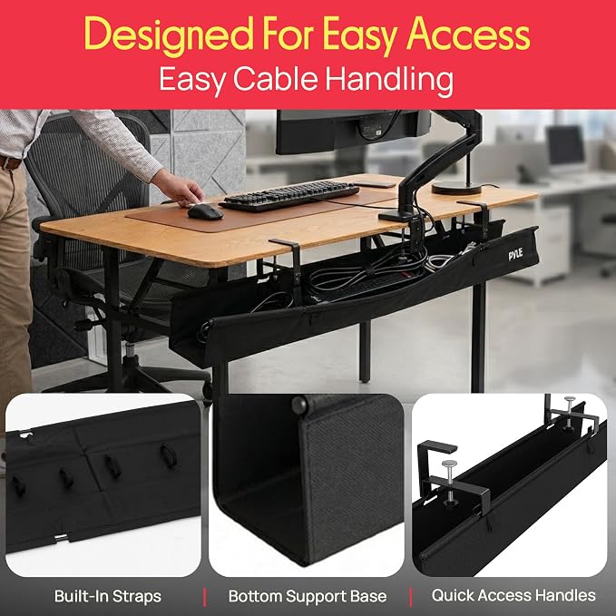 Pyle 48" Under Desk Cable Management Tray, Under Desk Wire Organizer with Clamp or Screw Mount, Desk Cable Organizer with Fabric Design for Large Workstations, Built-in Ties, 20 lb Capacity, Black - Image 5
