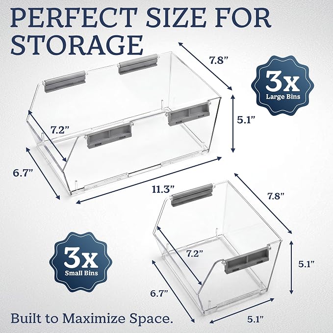 HOMESTEAD Set of 6 Stackable Storage Bins, 3 Large + 3 Small Clear Plastic Organizer Bins, Open Front Design for Kitchen Pantry, Fridge, Cabinet, Bathroom Organization and Snack Storage - Image 3