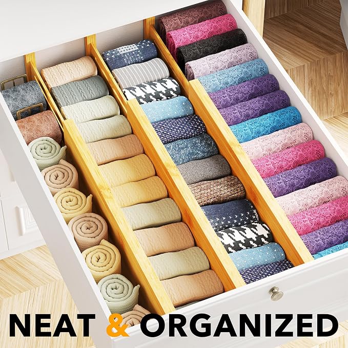 SpaceAid Bamboo Dresser Drawer Dividers 6 Pack, 4.65“ High Adjustable 17“-22” Drawer Organizers, Expandable Organization for Clothing, Clothes, Dressers, Natural - Image 2