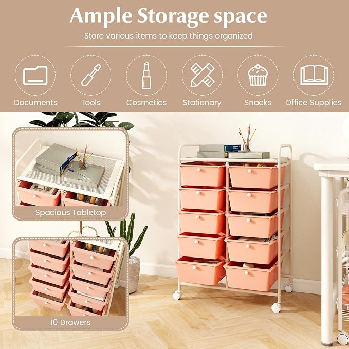 COSTWAY 10 Drawer Rolling Storage Cart, Utility Cart with Lockable Wheels | Mobile Art Supply Craft Organizer with Metal Frame, Multipurpose Drawer Cart for Paper for Office, School, Peach - Image 4