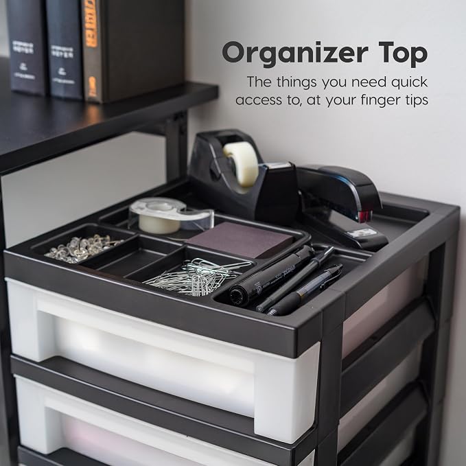 IRIS USA 6-Drawer Rolling Storage Cart with Organizer Top, Black/Pearl | Keep craft supplies, office essentials, classroom items, and accessories organized with easy-access drawers for daily use - Image 6