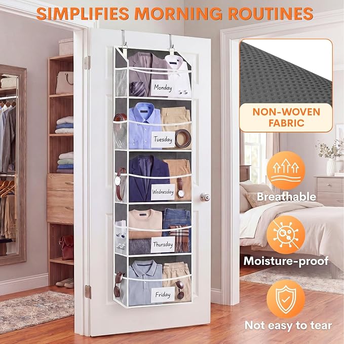 2P 5Tiers Over Door Organizer,Weekly Clothes Organizer for Kids | 5 clear PVC front pockets, 10 mesh side pockets, weekly outfit planner, for kids, dorm, entryway, RV, 50 lbs capacity - Image 4
