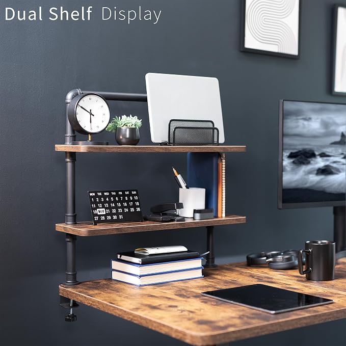 VIVO Clamp-on Premium 24 inch Industrial Pipe 2-Tier Tabletop Shelving, Heavy Duty Desk Extension Organizer, Modern Desktop Display Shelf, Rustic Vintage Brown Shelves, DESK-SHELF24-2N - Image 8