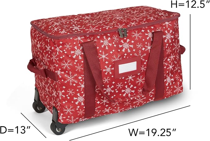 Covermates Keepsakes Rolling Adjustable Ornament Storage Bag – Heavy-Duty Polyester, FlexGrid Trays & Padded Dividers – Protective Holiday Organizer with Wheels, Handles & ID Window, Red Snowflake - Image 3