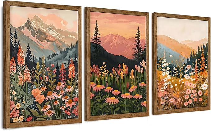 InspiredHues Large Colorful Landscape Boho Canvas Wall Art Set, 3 Piece Wildflower Mountain Wall Decor, Vintage Floral Rustic Nature Artwork Prints for Living Room Bedroom Office 20x30 In Wood Framed