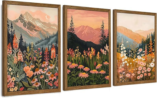 InspiredHues Large Colorful Landscape Boho Canvas Wall Art Set, 3 Piece Wildflower Mountain Wall Decor, Vintage Floral Rustic Nature Artwork Prints for Living Room Bedroom Office 20x30 In Wood Framed