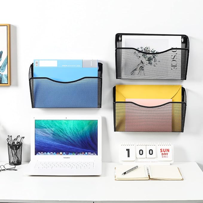 6 Pockets Wall File Organizer Metal Mesh Hanging Document Paper Holder Wall Mount Magazine Rack for Business Home Office Classroom, Black - Image 5