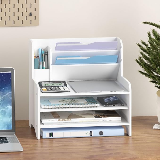Bamboo File Organizer for Desk, Paper Tray with Pen Holder-White | Open tiers and a pen holder sort Letter/A4 paper, folders and office supplies while keeping your workspace clutter-free - Image 2