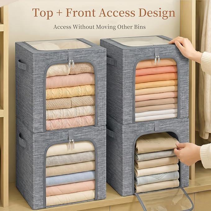GoMaihe Blanket Storage Bins with Metal Frame for Closet, 55L 6-Pack Grey | Clothing Bedding Winter Coat Comforters , Closet Top Shelf, Collapse-Proof Stackable, See Through, Dual Access Space Saving - Image 5