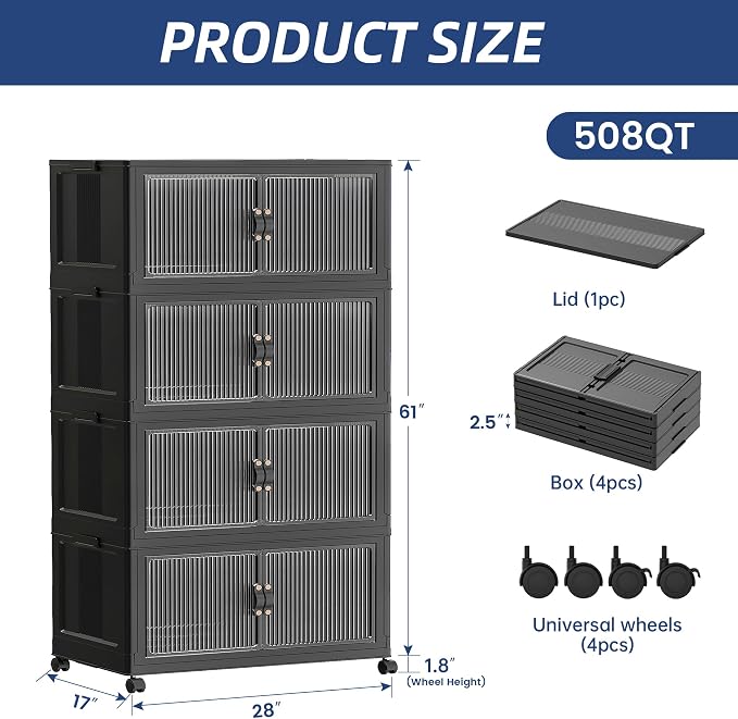 SAILUN 580Qt Stackable Storage Bins,Storage Cabinet with a Lid,4 Pack Black | Stackable Storage Drawers with Lids,28" W x 17" D x 61" H,Featuring open-front Access for Clothes and Closet Storage - Image 5