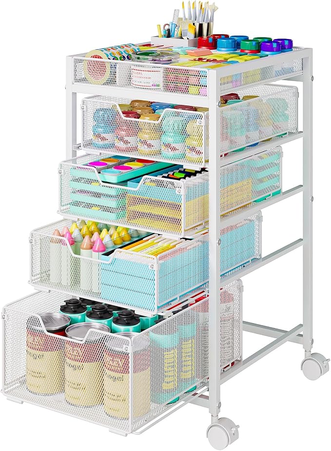 Rolling Utility Cart with 4 Drawers, Craft Organizer and Storage Carts with DIY Divider, Lockable Wheels Storage Organizer for Art Supplies, Store for Brushes & Paints & Artifacts, White by Hayexiha