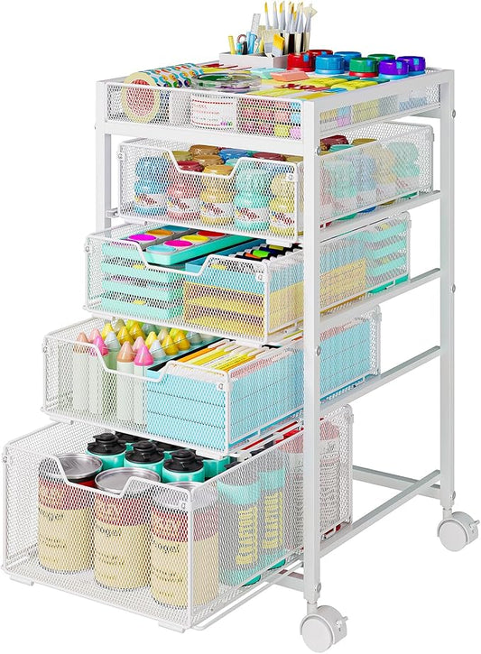 Rolling Utility Cart with 4 Drawers, Craft Organizer and Storage Carts with DIY Divider, Lockable Wheels Storage Organizer for Art Supplies, Store for Brushes & Paints & Artifacts, White by Hayexiha