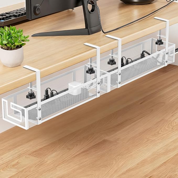 Cable Management Tray, 15.75" Under Desk Cable Management No Drill | Heavy Duty Metal Cord Organizer for Standing Desk, Gaming Desk, Home Office Wire Management for Home Office, 2 Pack, White by GZOKMOG
