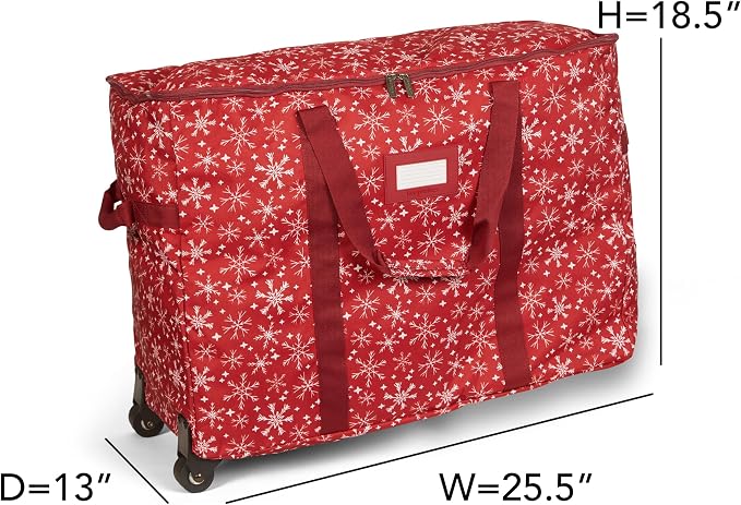 Covermates Keepsakes Rolling Adjustable Ornament Storage Bag – Heavy-Duty Polyester, FlexGrid Trays & Padded Dividers – Protective Holiday Organizer with Wheels, Handles & ID Window, Red Snowflake - Image 3