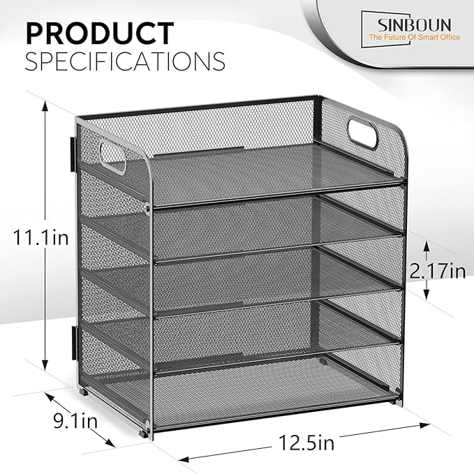 Letter Tray Paper Organizer 5-Tier Desk Organizer File Organizer Paper Holder with Handle, Metal Desktop Document Shelf Tray Office Classroom Organization - Black - Image 2