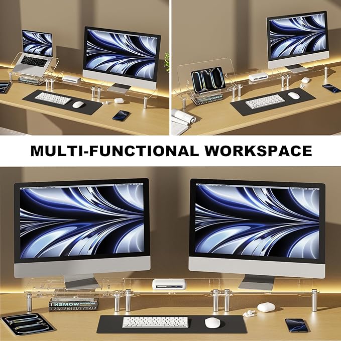 Clear Acrylic Dual Monitor Stand Riser,Laptop Riser Adjustable to 8 Angles | Double Computer monitor riser for desk for 2 Monitors,Desktop organizer Stand for Laptop,PC,Printer,TV，Cute Desk Accessories - Image 3