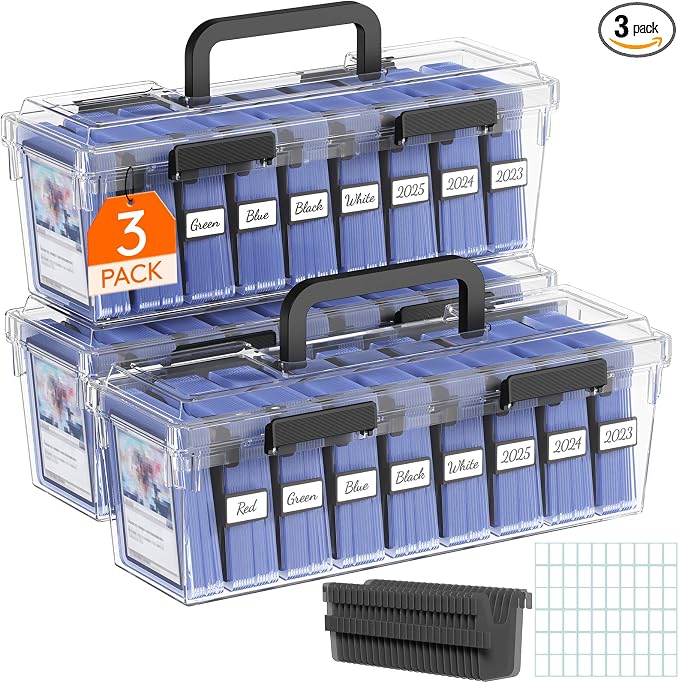 Lifewit Trading Card Storage Box with Handle, Fit for Toploader, 3 Pcs | Stackable Reinforced Latch Case with 8 Adjustable Dividers, Writable Labels, Organizer for MTG TCG Sports Baseball Bulk Cards by Lifewit