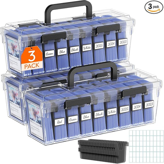 Lifewit Trading Card Storage Box with Handle, Fit for Toploader, 3 Pcs | Stackable Reinforced Latch Case with 8 Adjustable Dividers, Writable Labels, Organizer for MTG TCG Sports Baseball Bulk Cards by Lifewit